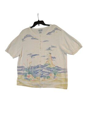 Alfred Dunner Womens Cardigan 2X Beach Scene Print Short Sleeve Button Front Lig
